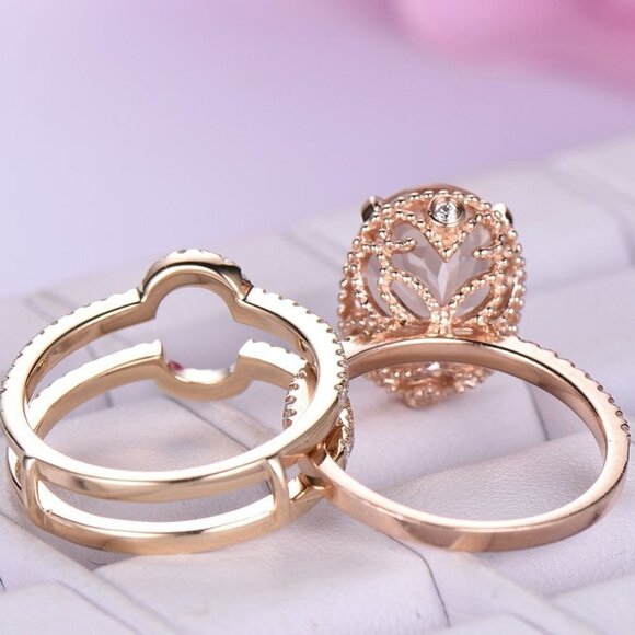 3 pcs/set Rose Gold Oval Bridal Wedding/Engagement Ring Set, VIP241 - Picture 9 of 10